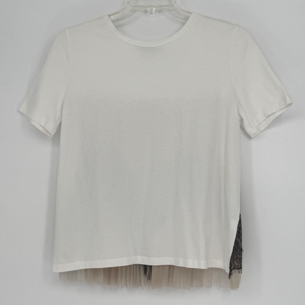 ZARA White Lace Trim Tulle Sheer Back T Shirt Top Women's M Bohemian Chic 100-60 - Picture 12 of 13